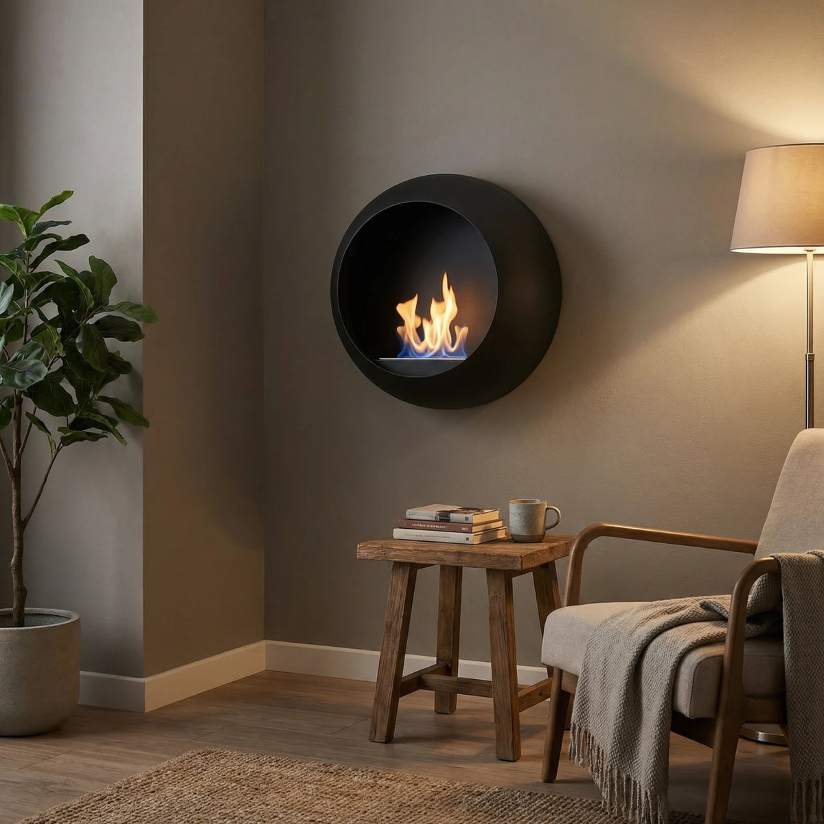 Colorado bioethanol fireplace mounted in a warm evening living room beside a wooden stool with books and a lamp, lit with a realistic flame