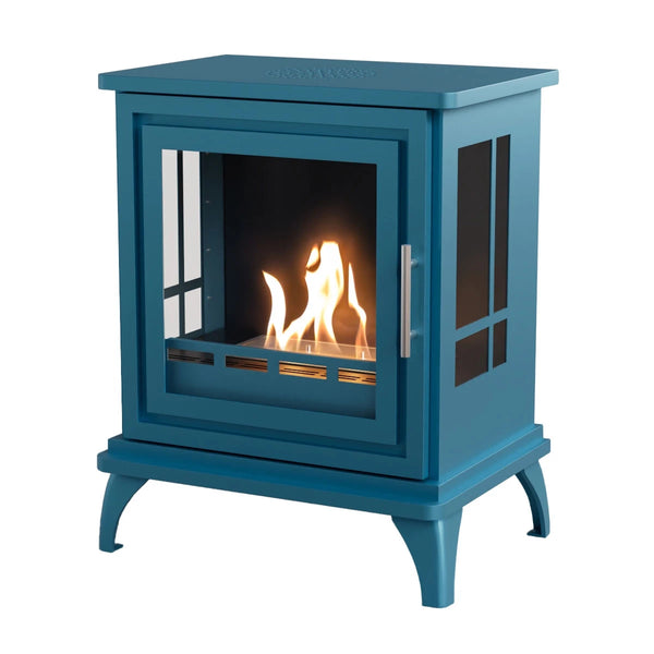 ScandiFlames Nashville blue freestanding bioethanol stove, white-background studio shot with realistic lit flame