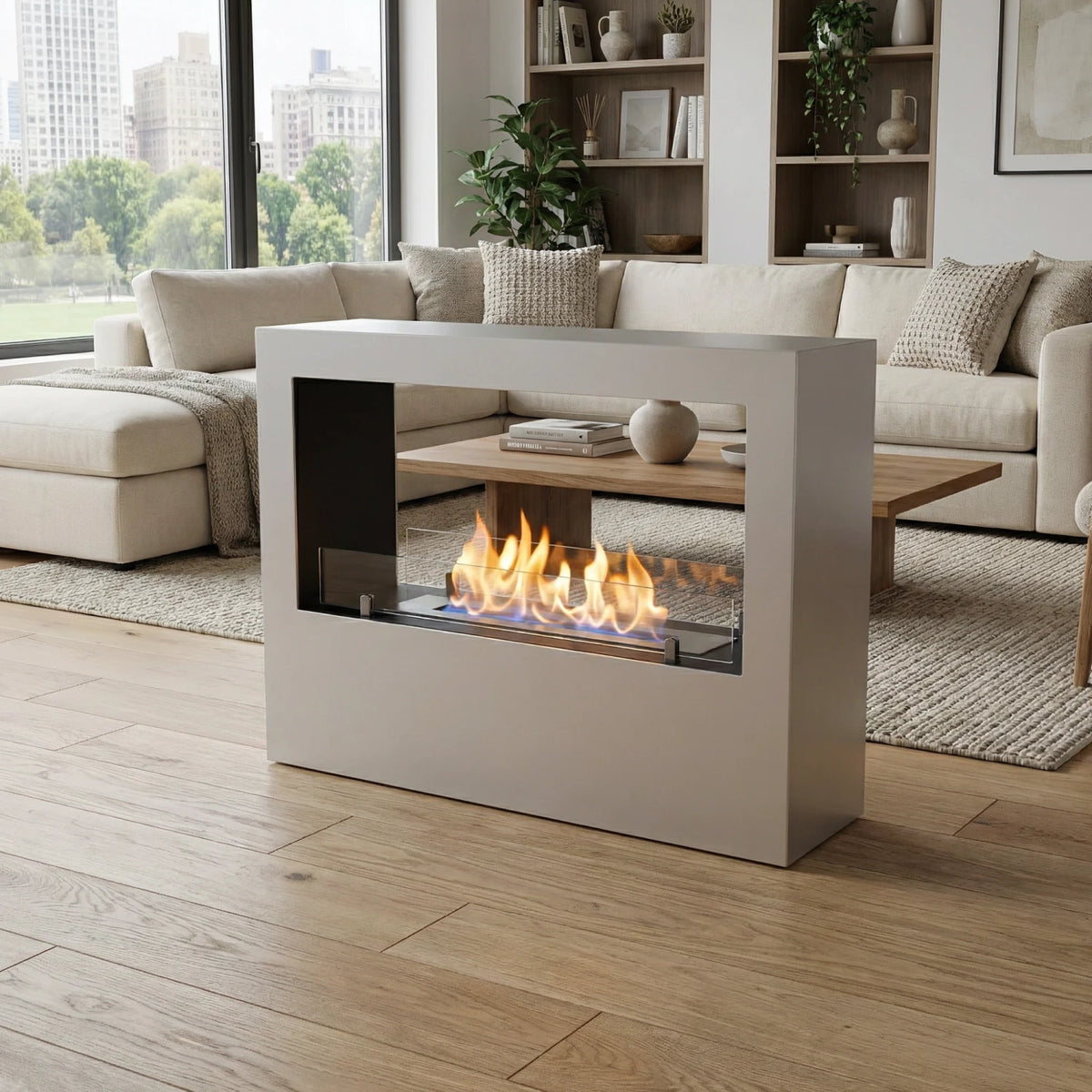 Lansing L White two-sided freestanding bio fireplace as a room divider in a bright living room with a city view, lit realistic flame