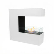 Topeka White freestanding bio fireplace, angled studio shot on white background, lit with a realistic flame
