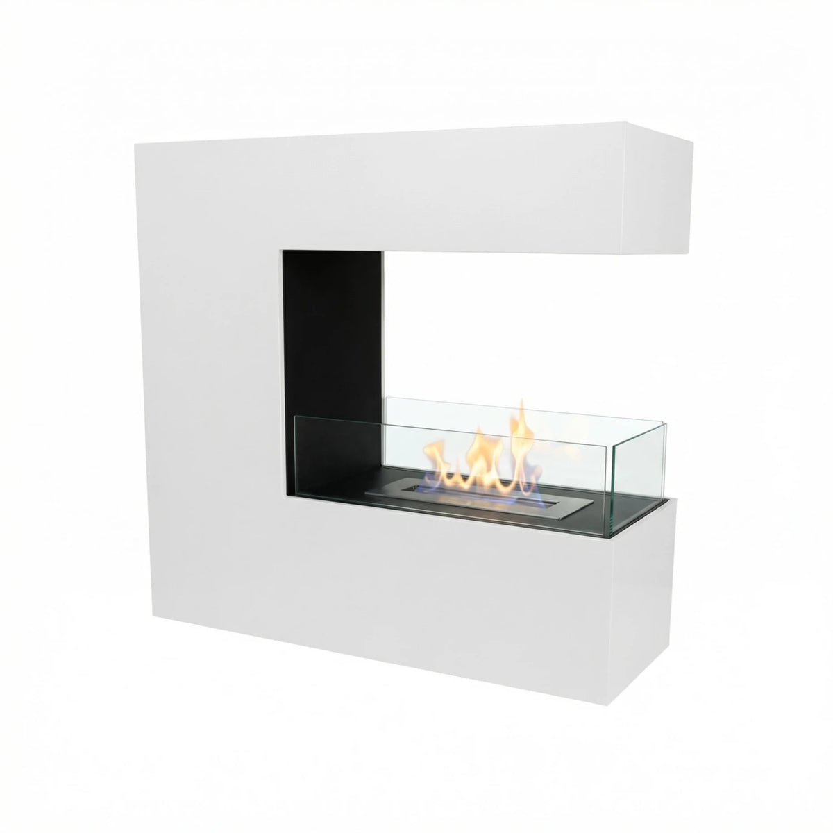 Topeka White freestanding bio fireplace, angled studio shot on white background, lit with a realistic flame