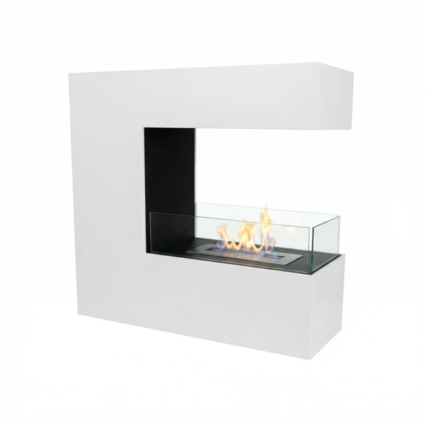 Topeka White freestanding bio fireplace, angled studio shot on white background, lit with a realistic flame