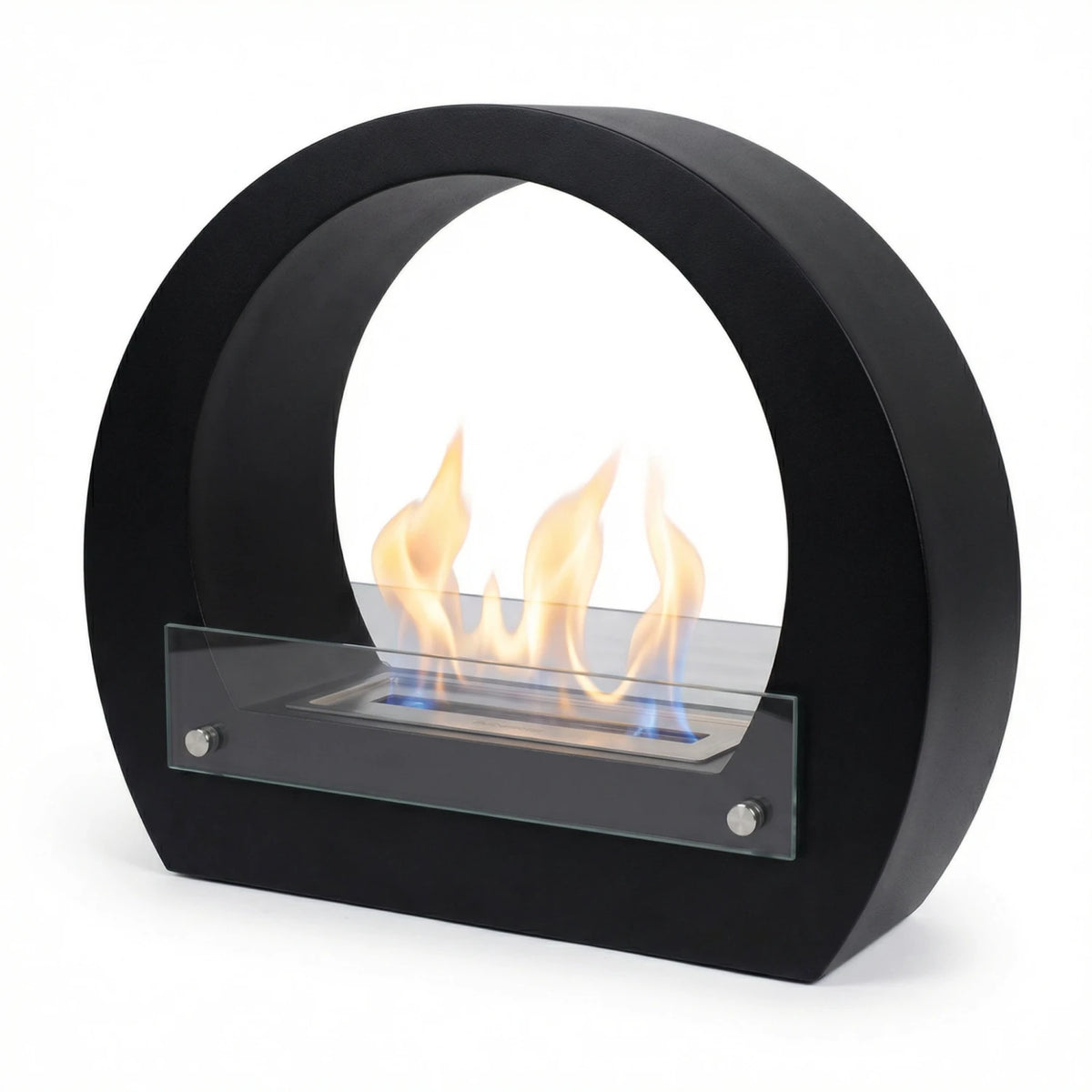 Dallas Black round bio fireplace, front-view studio shot on white background, lit with a realistic flame