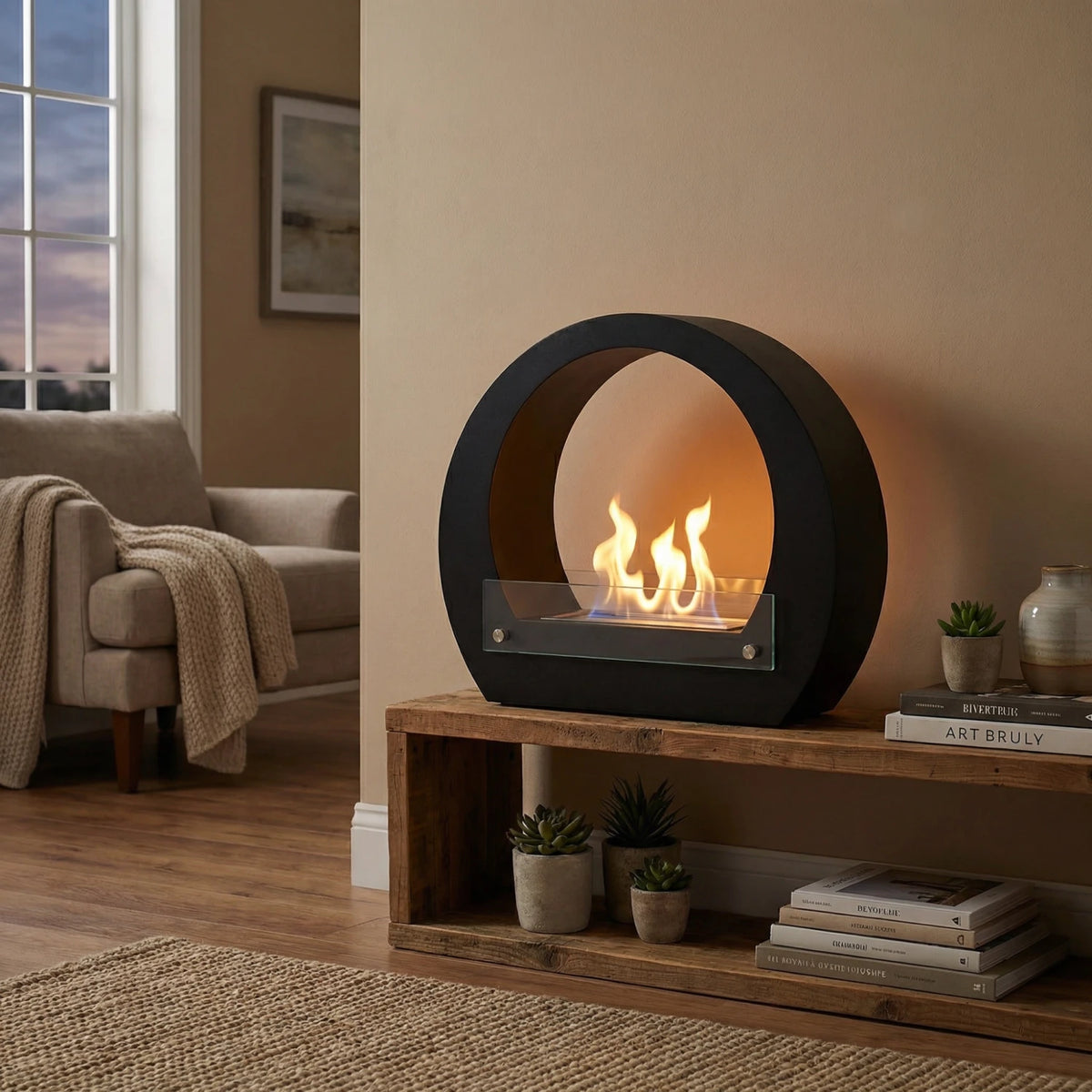 Dallas Black round bio fireplace on a wooden console in a cozy evening living room, lit with a realistic flame