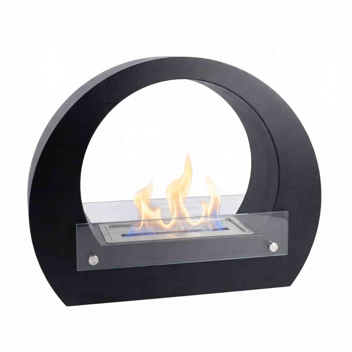 Dallas Black round bio fireplace, angled studio shot on white background, lit with a realistic flame