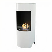 Montgomery white round bioethanol fireplace, lit, studio shot