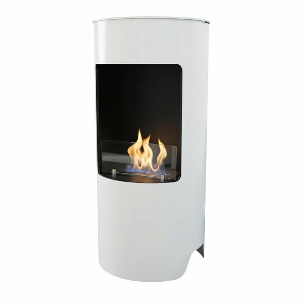 Montgomery white round bioethanol fireplace, lit, studio shot