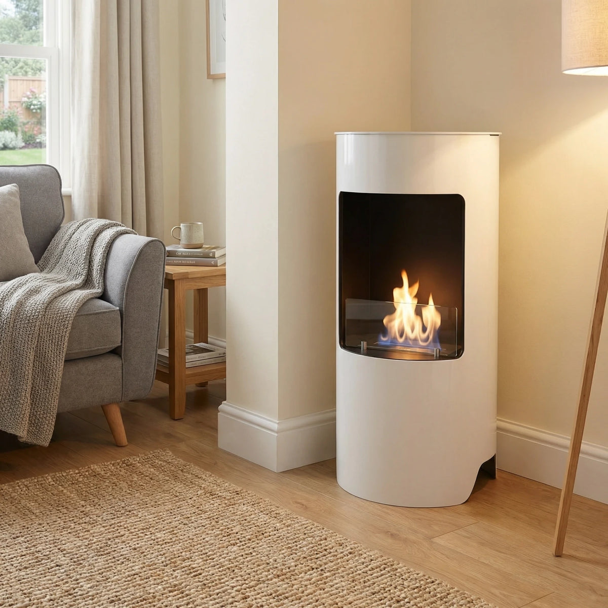 Montgomery white bioethanol fireplace lit in a cozy living room with grey armchair and jute rug