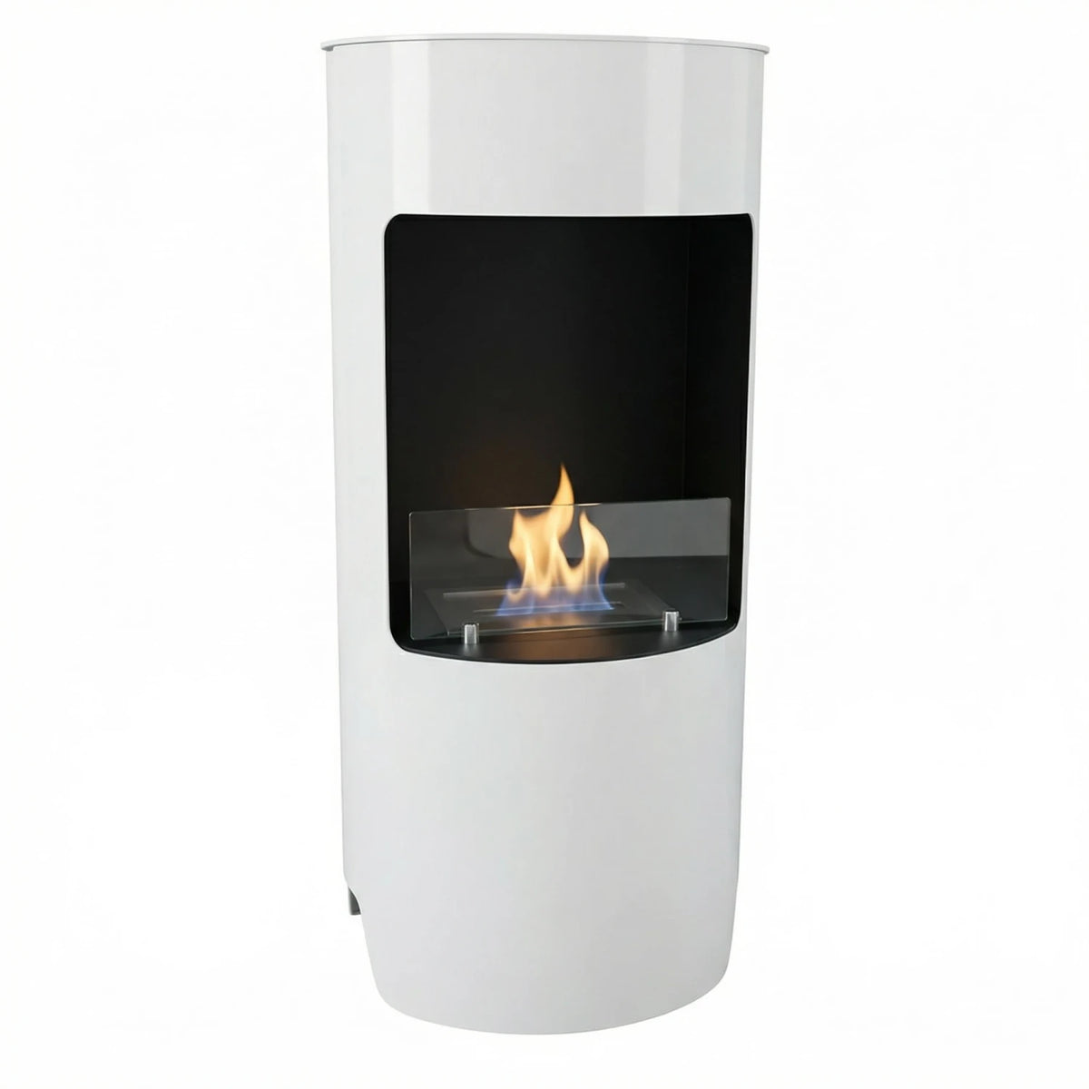 Montgomery white round bioethanol fireplace, lit, studio angle view
