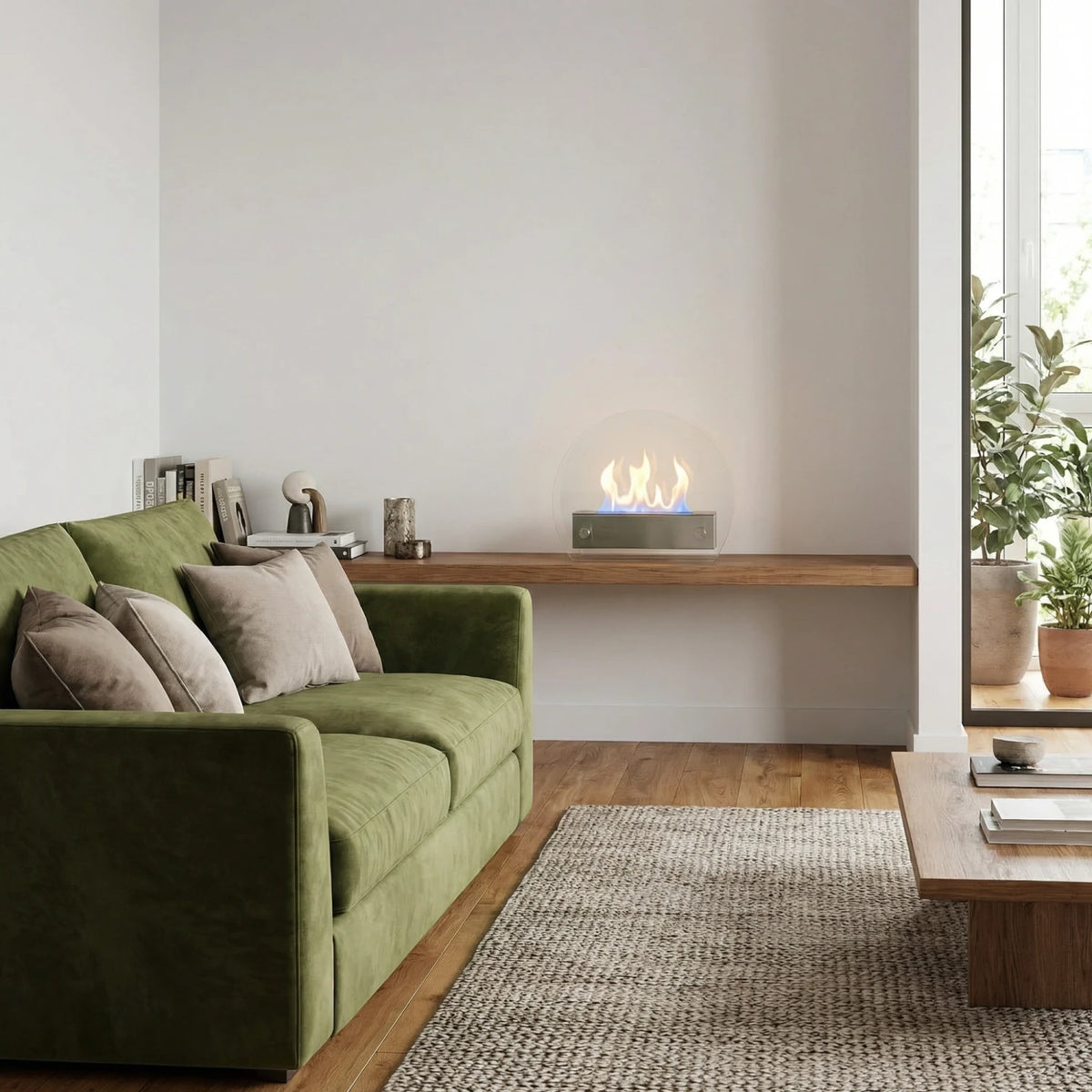 Circular table bioethanol fireplace lit on a wooden shelf beside a green sofa and potted plant