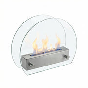 ScandiFlames circular table bioethanol fireplace in steel with lit flames, studio shot