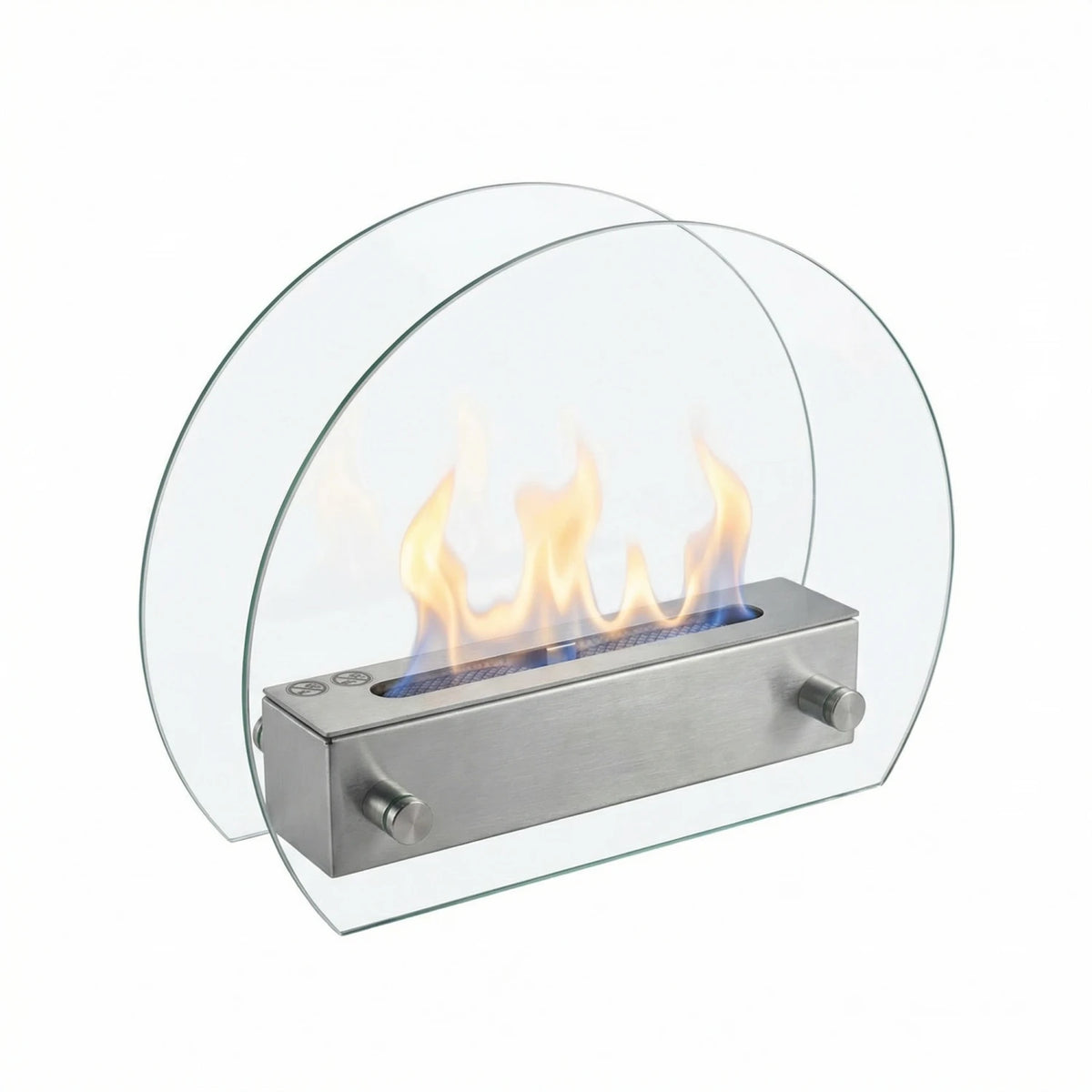 ScandiFlames circular table bioethanol fireplace in steel with lit flames, studio shot