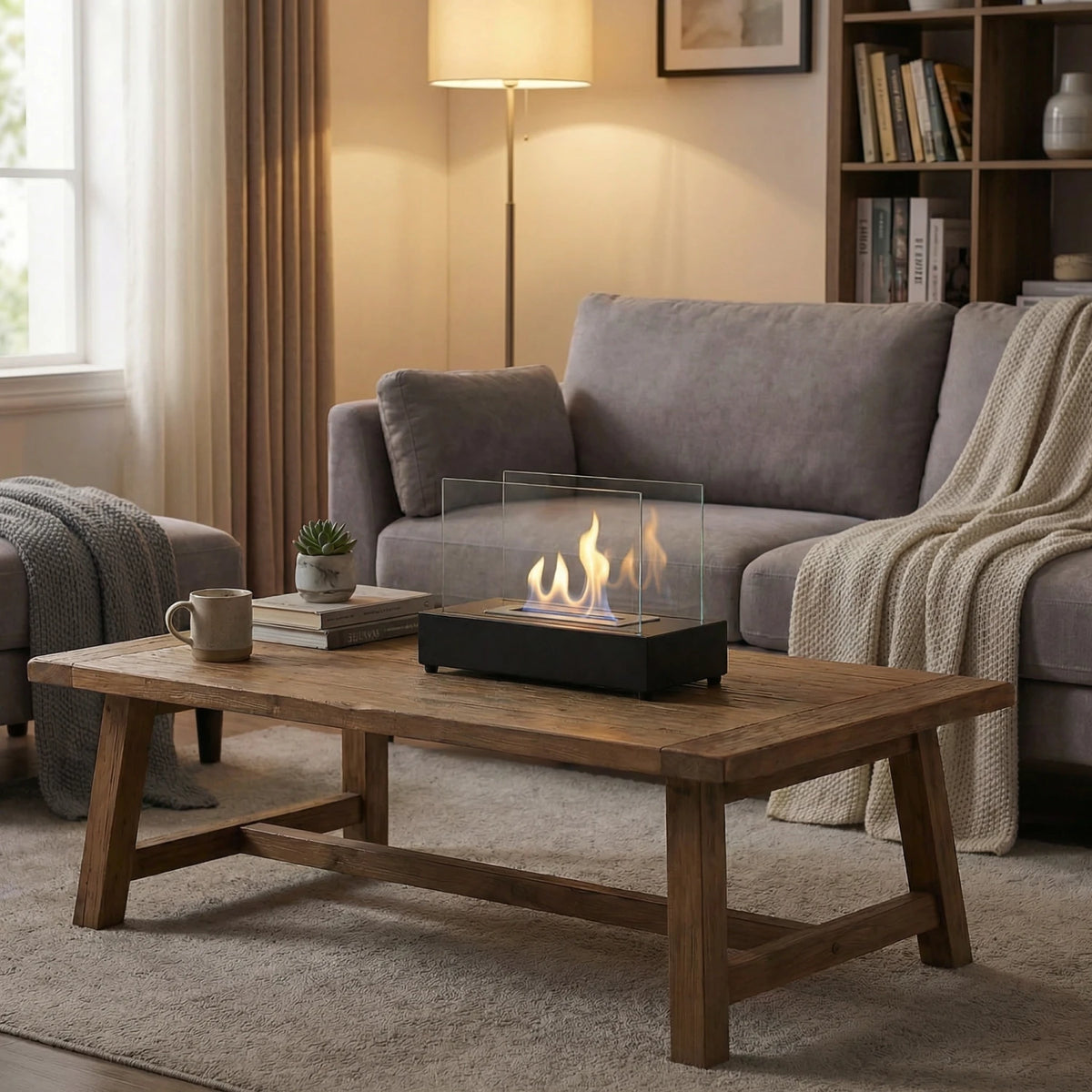 Lambeth black bioethanol fireplace lit on a wooden coffee table in a cozy living room