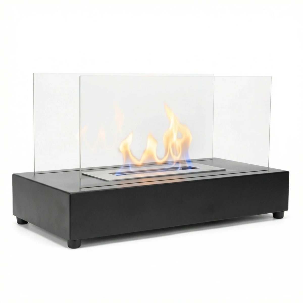 Lambeth black bioethanol fireplace with lit flame, white studio background