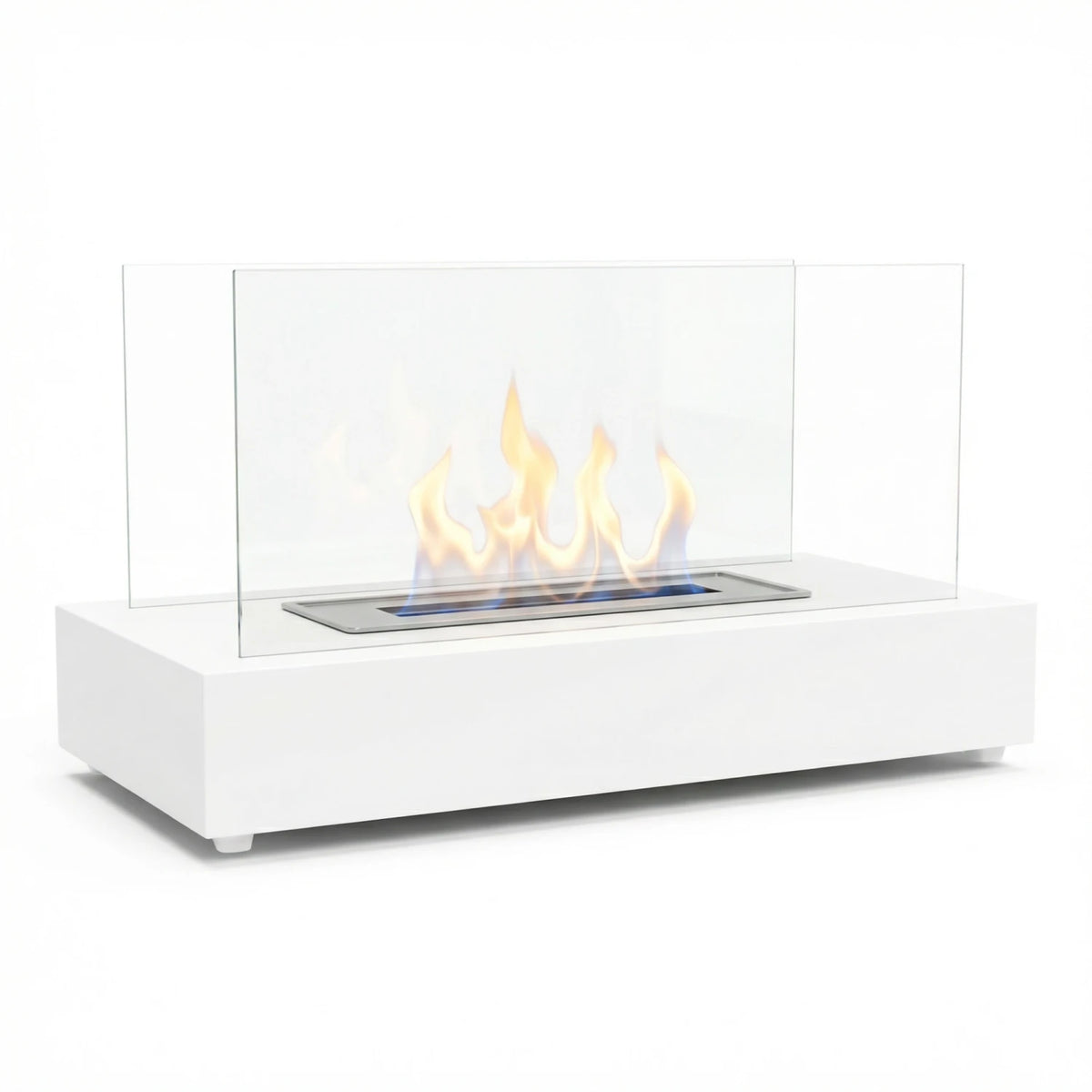 Lambeth white bioethanol fireplace with lit flame, white studio background