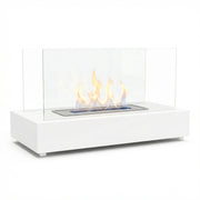 Lambeth white bioethanol fireplace with lit flame, white studio background