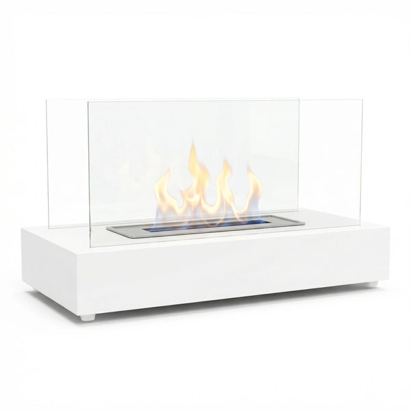 Lambeth white bioethanol fireplace with lit flame, white studio background