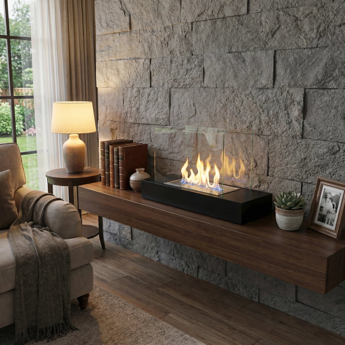 Oklahoma bioethanol fireplace with a lit flame on a floating stone-wall shelf beside books and a lamp