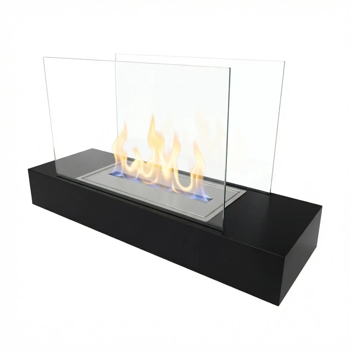 Oklahoma black steel bioethanol fireplace with a lit flame, white studio background