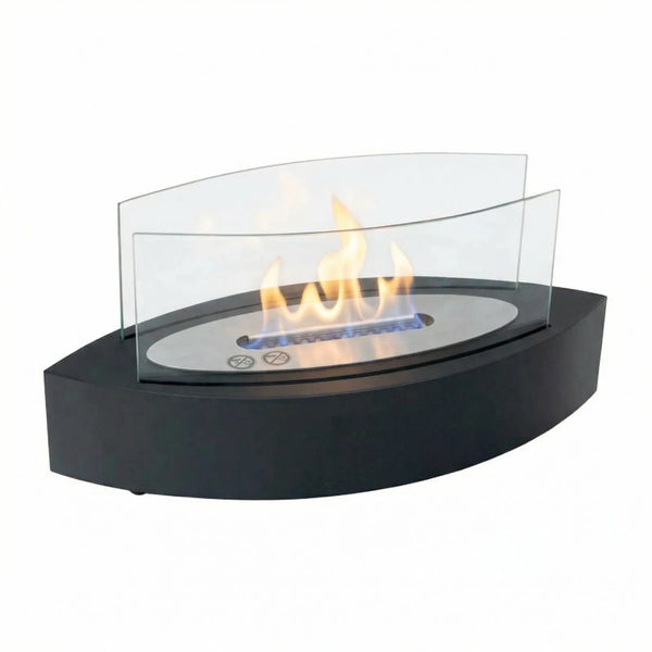 ScandiFlames oval black tabletop bioethanol fireplace, lit, white studio shot