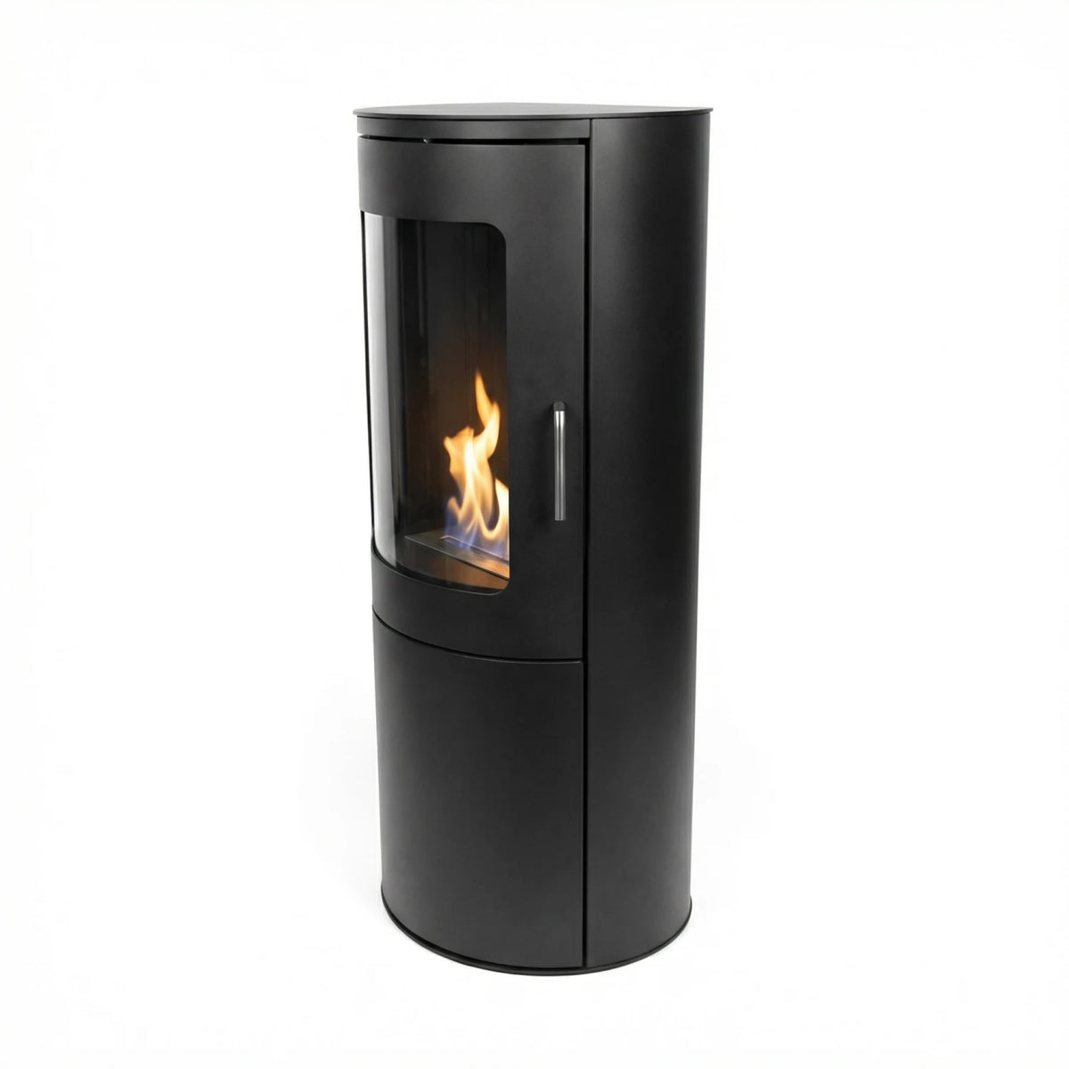 Richmond bioethanol fire stove with flat back, lit flame, three-quarter angled view