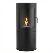 Richmond bioethanol fire stove with flat back, lit flame, front angled view