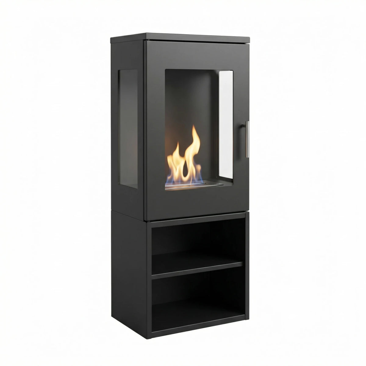Cheyenne black freestanding bioethanol stove fireplace with 3-sided glass, lit flame, studio view