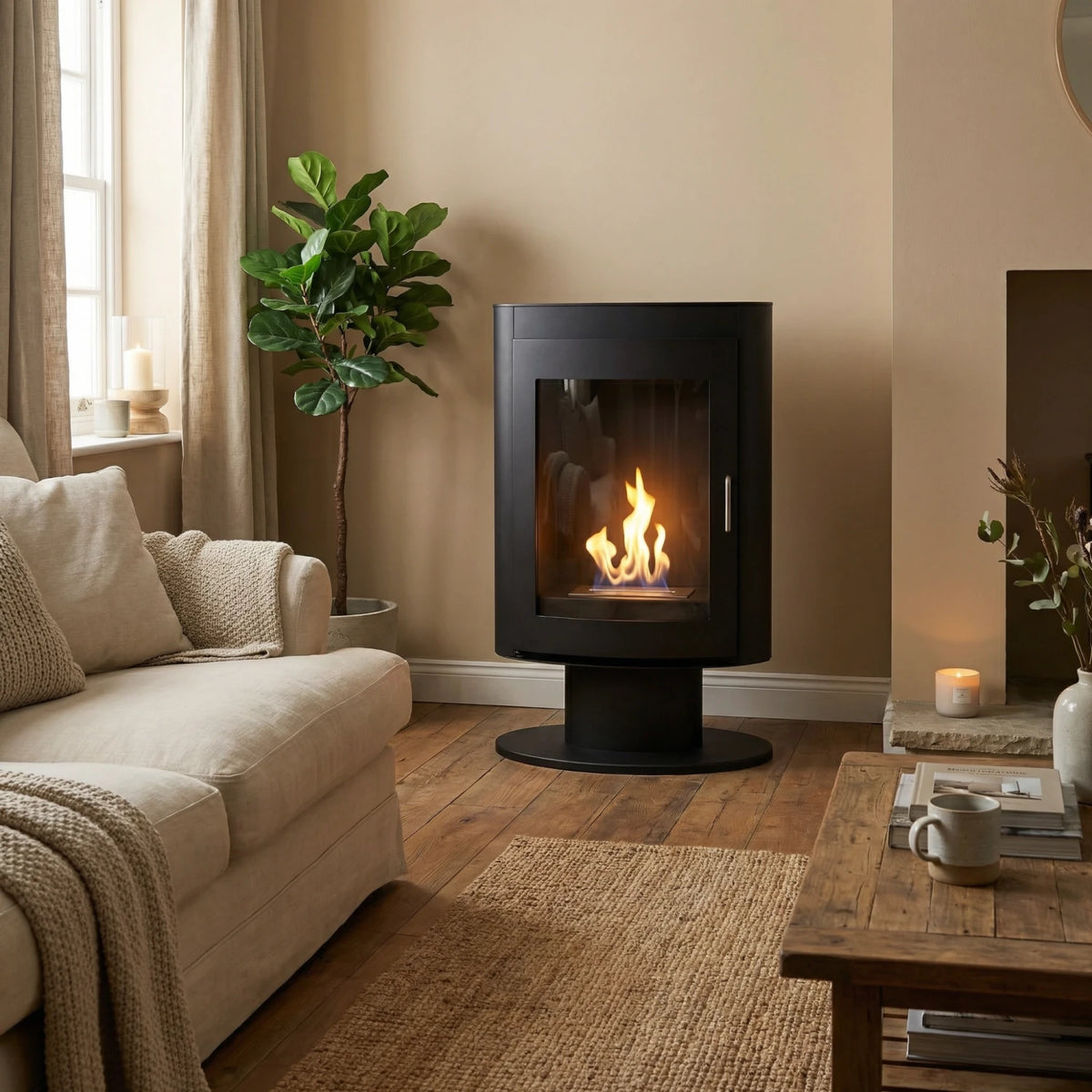 Trenton bioethanol stove fireplace in a warm neutral living room, lit flame, beige sofa and wood floor