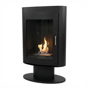 Trenton black bioethanol stove fireplace on pedestal stand, lit flame, studio view