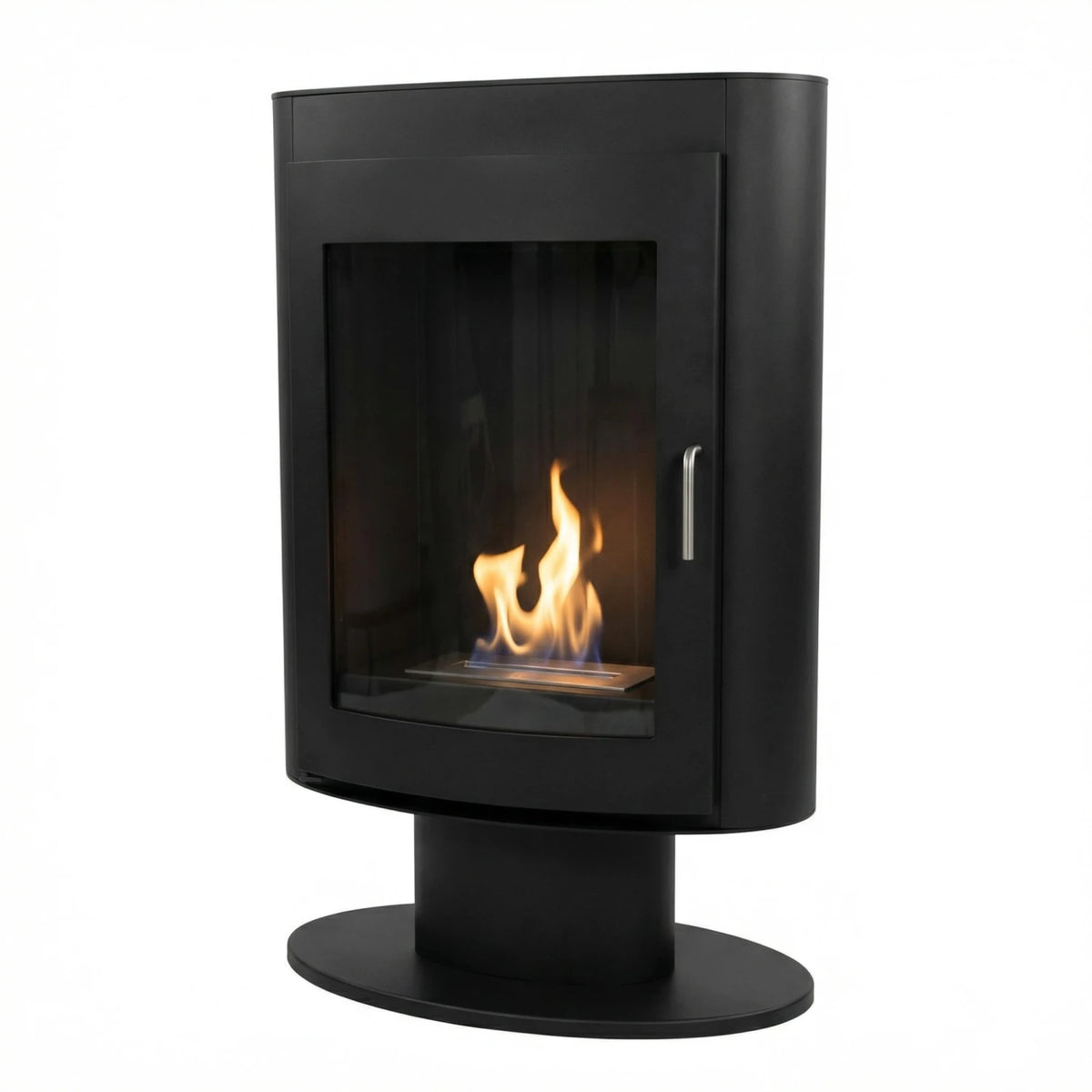 Trenton black bioethanol stove fireplace on pedestal stand, lit flame, studio view
