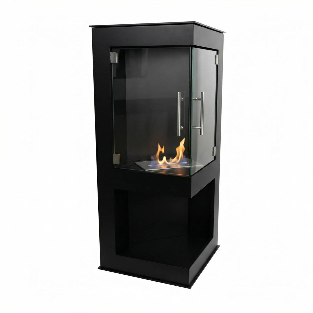 ScandiFlames Alaska black corner bioethanol wood stove, lit flame, studio view