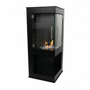 ScandiFlames Alaska black corner bioethanol wood stove, lit flame, studio view