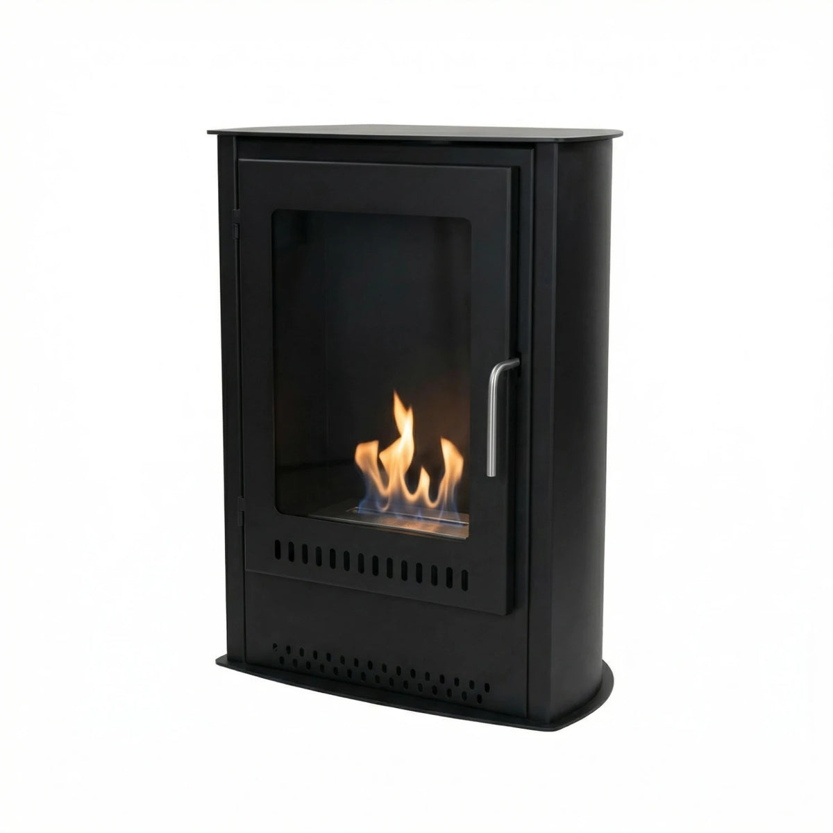 ScandiFlames Carson small bioethanol stove fireplace, lit flame, studio view