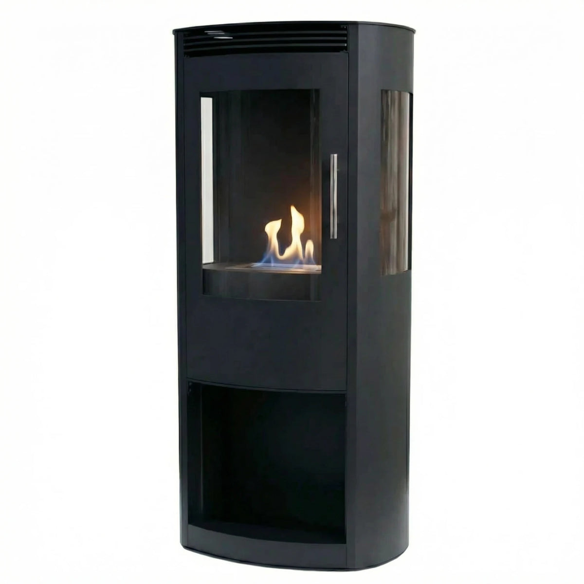 Lincoln black freestanding bioethanol wood-burning stove with lit flame, three-quarter studio view