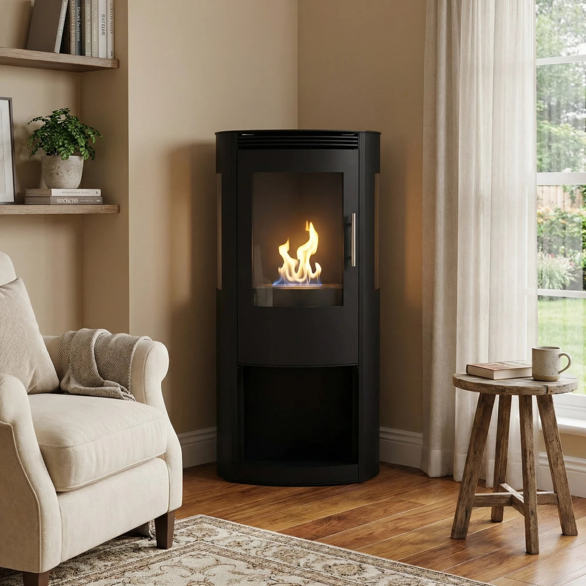Lincoln black bioethanol stove lit in the corner of a bright room with a window