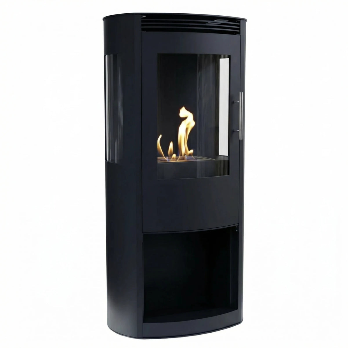 Lincoln black freestanding bioethanol wood-burning stove with lit flame, angled studio view