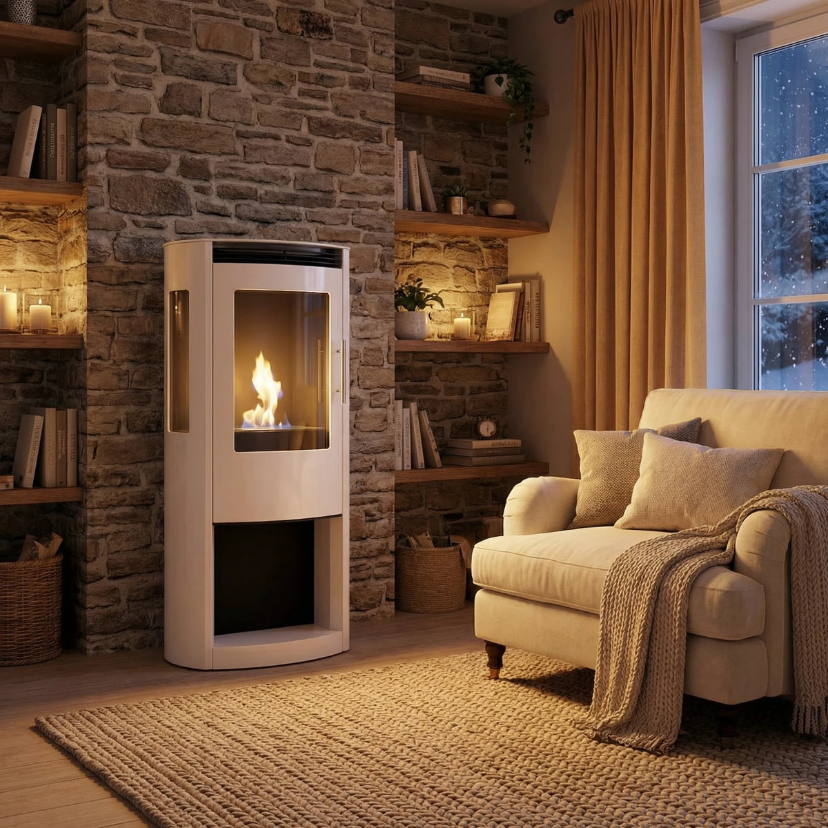 Lincoln white bioethanol stove lit in a cosy living room with a stone feature wall