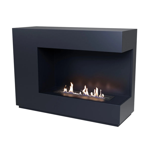 ScandiFlames Seattle black freestanding bioethanol fireplace with a lit flame, studio shot on white background