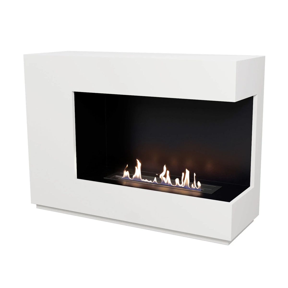 ScandiFlames Seattle white freestanding bioethanol fireplace with a lit flame, studio shot on white background