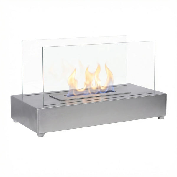 ScandiFlames Lambeth steel tabletop bioethanol fireplace with a lit flame, studio shot on white background