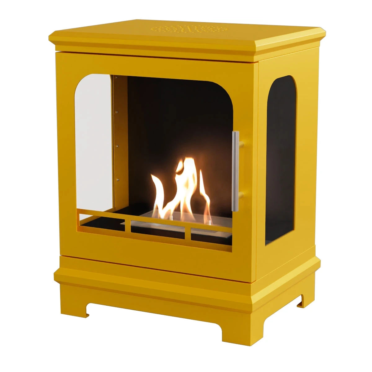 ScandiFlames Honolulu yellow freestanding bioethanol stove, lit, studio shot on white background