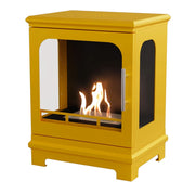 ScandiFlames Honolulu yellow freestanding bioethanol stove, lit, studio shot on white background