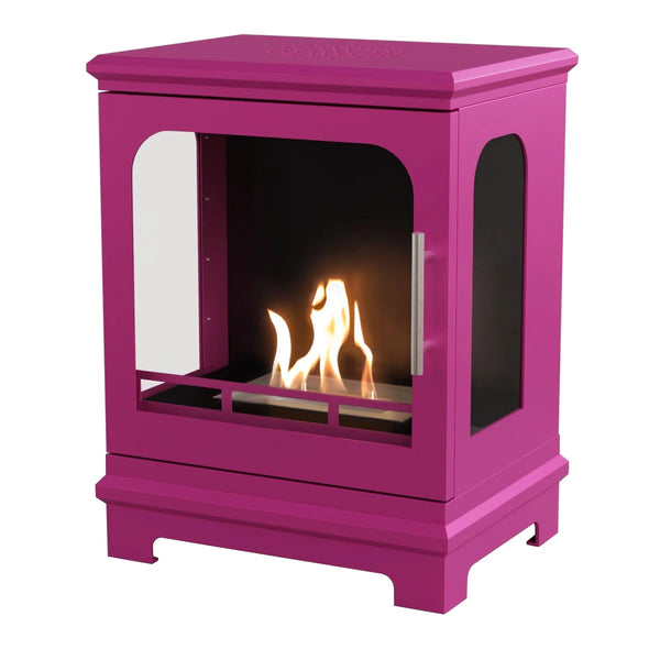 ScandiFlames Honolulu pink freestanding bioethanol stove, lit, studio shot on white background