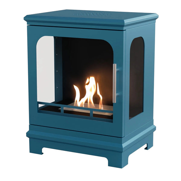 ScandiFlames Honolulu blue freestanding bioethanol stove, lit, studio shot on white background