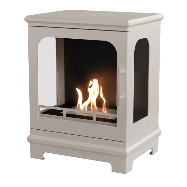 ScandiFlames Honolulu bioethanol stove in oyster white, front view with lit flame