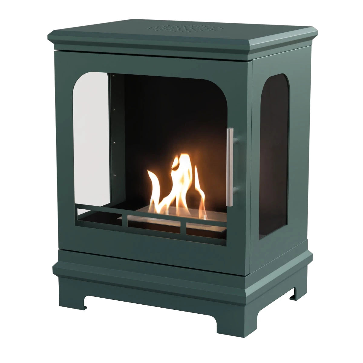 ScandiFlames Honolulu bioethanol stove in black green, front view with lit flame