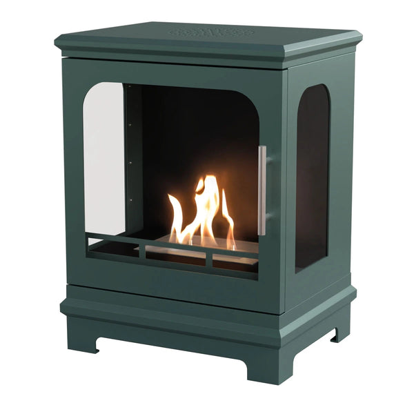 ScandiFlames Honolulu bioethanol stove in black green, front view with lit flame