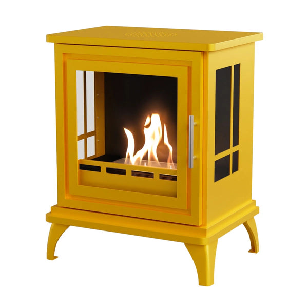 ScandiFlames Nashville bioethanol stove in yellow, front view with lit flame