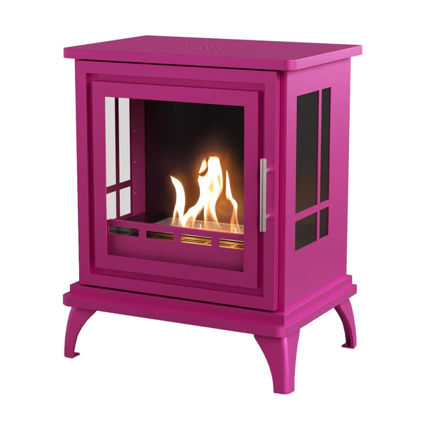 ScandiFlames Nashville pink freestanding bioethanol stove, white-background studio shot with realistic lit flame