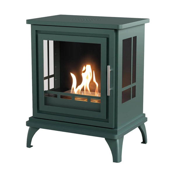 Nashville Black Green freestanding bioethanol stove, studio product shot